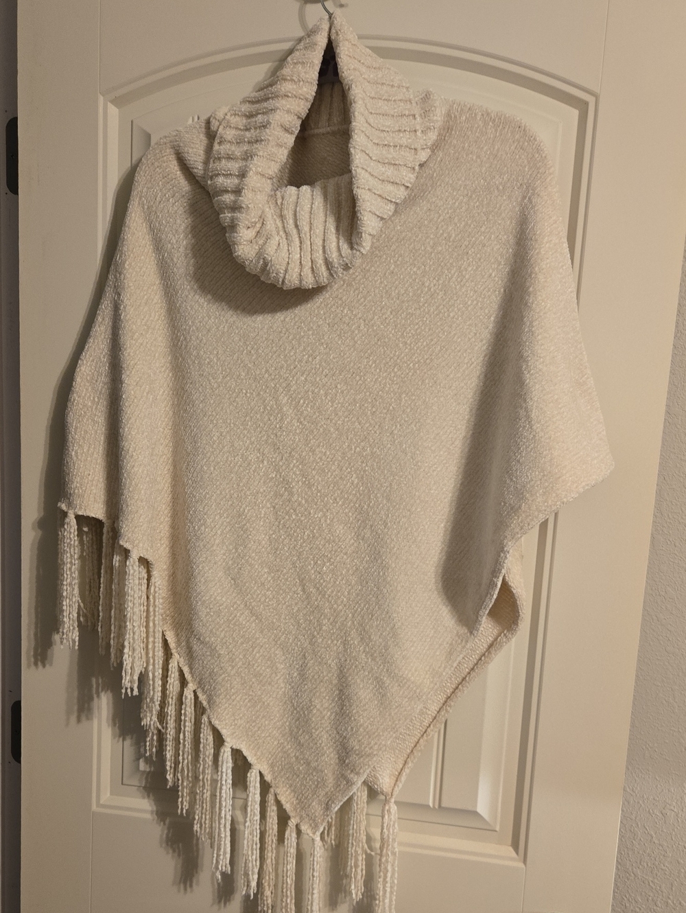 Cozy Cream Turtleneck Fringe Poncho